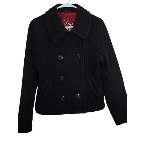4144)Levi's Women Black Classic Wool Blend Double Breast Waist length Peacoat M - Picture 1 of 11